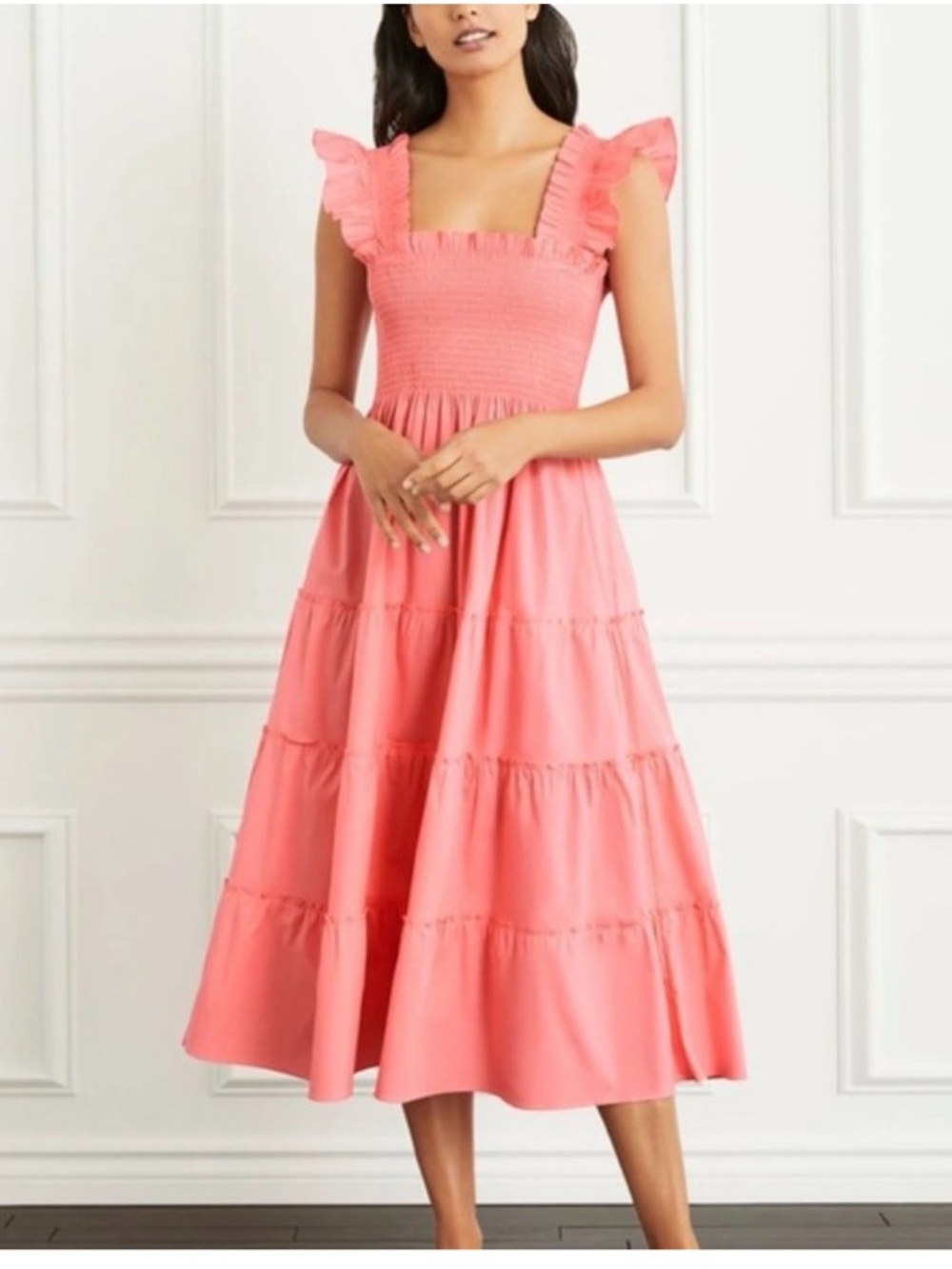 Hill House Coral Pink Ellie Nap Midi Dress with Ruffled Straps